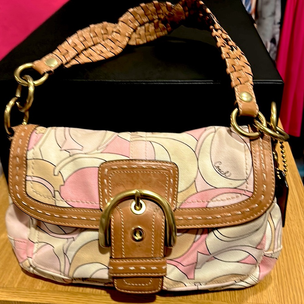 Authentic Coach bag pastel multicolor with braided leather shoulder strap.